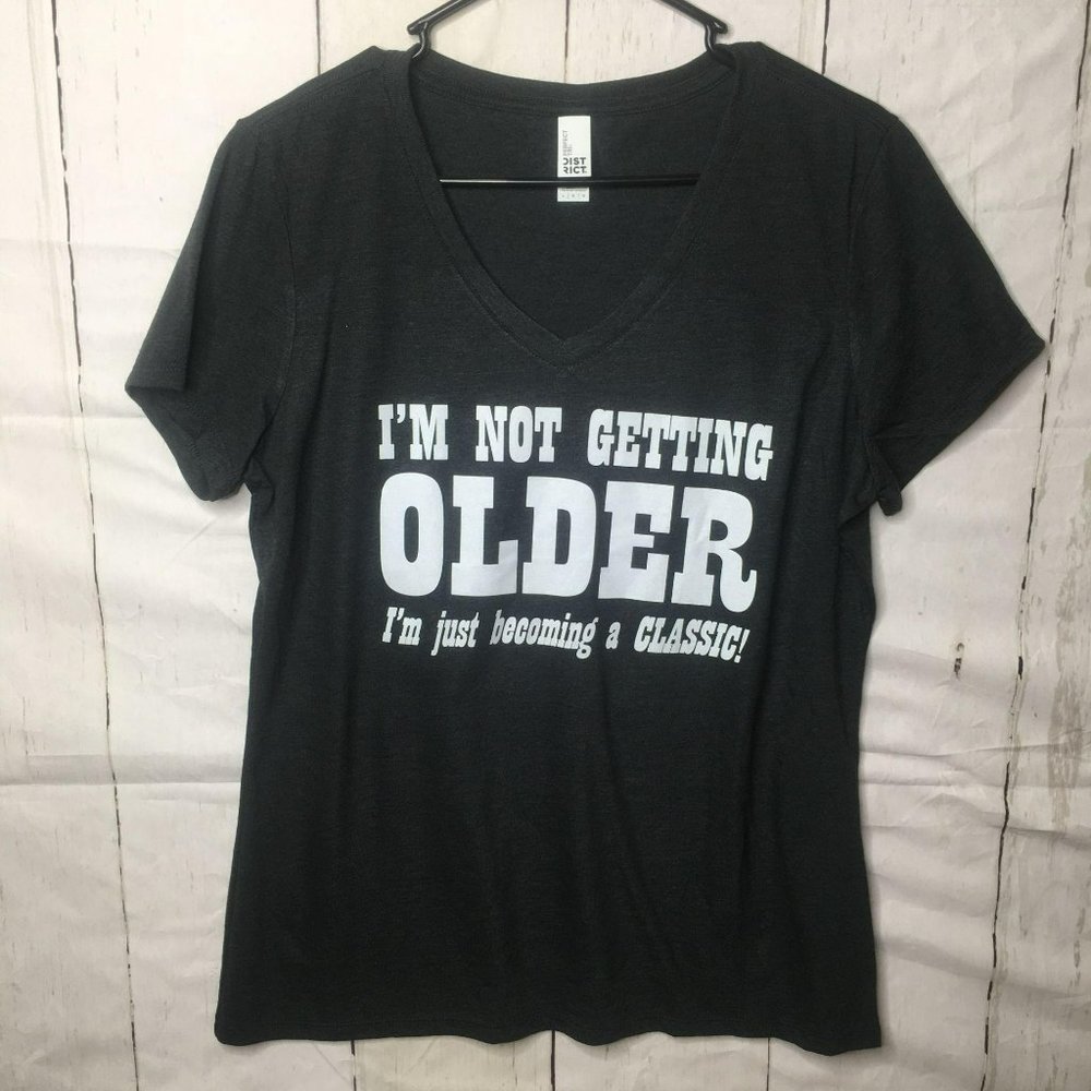 Dist Rict Womens V Neck Tee Gray Joke Large NWOT